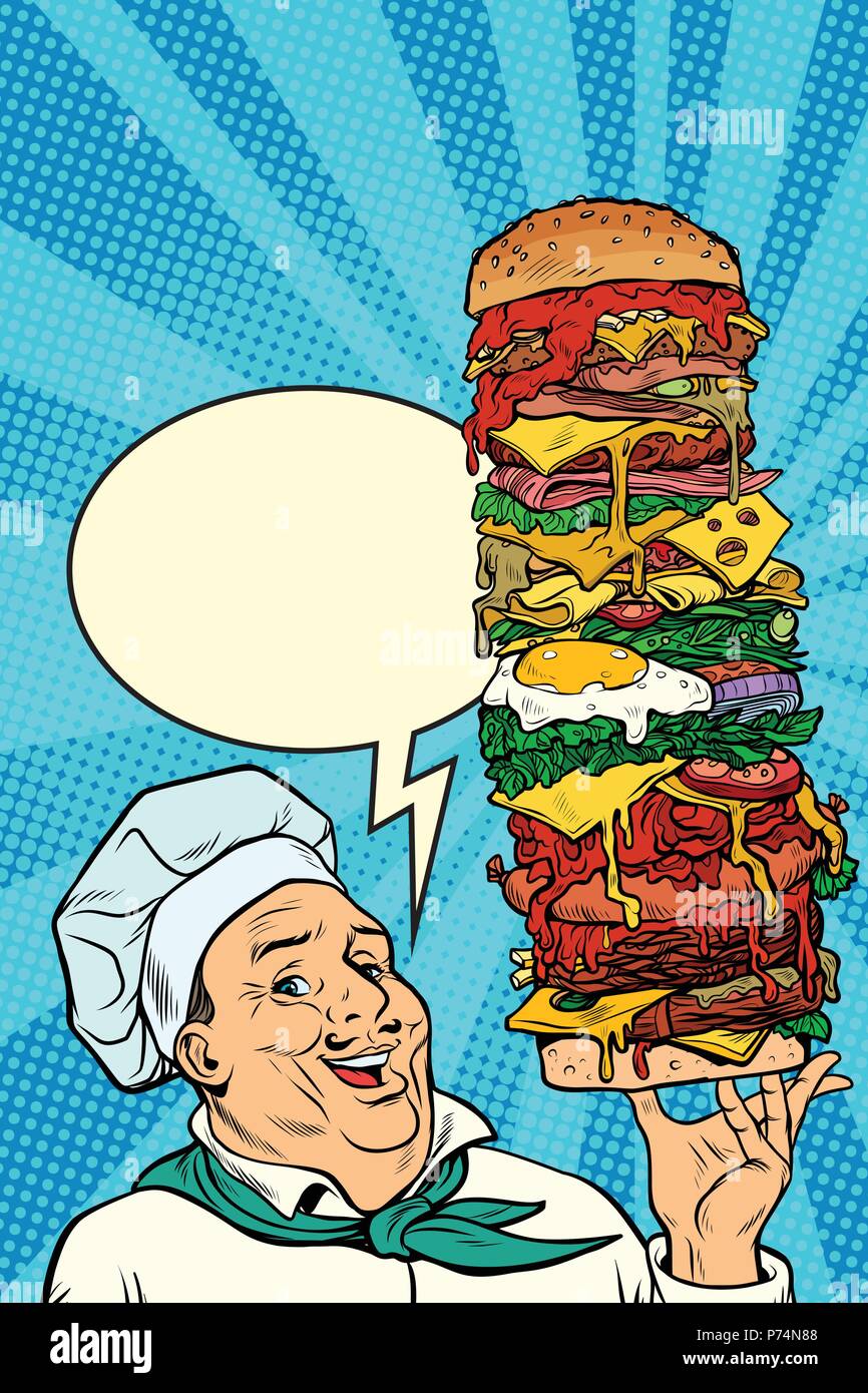 Chef cuisinier homme présentation geste. big mega Burger Illustration de Vecteur