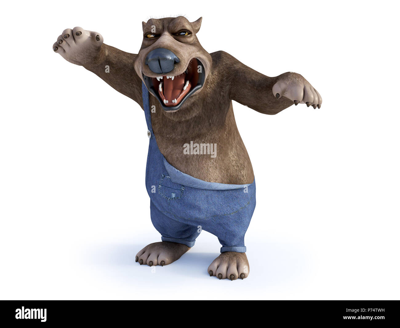Le rendu 3D d'un dessin animé à l'ours très en colère, prêt à attaquer. Arrière-plan blanc. Banque D'Images
