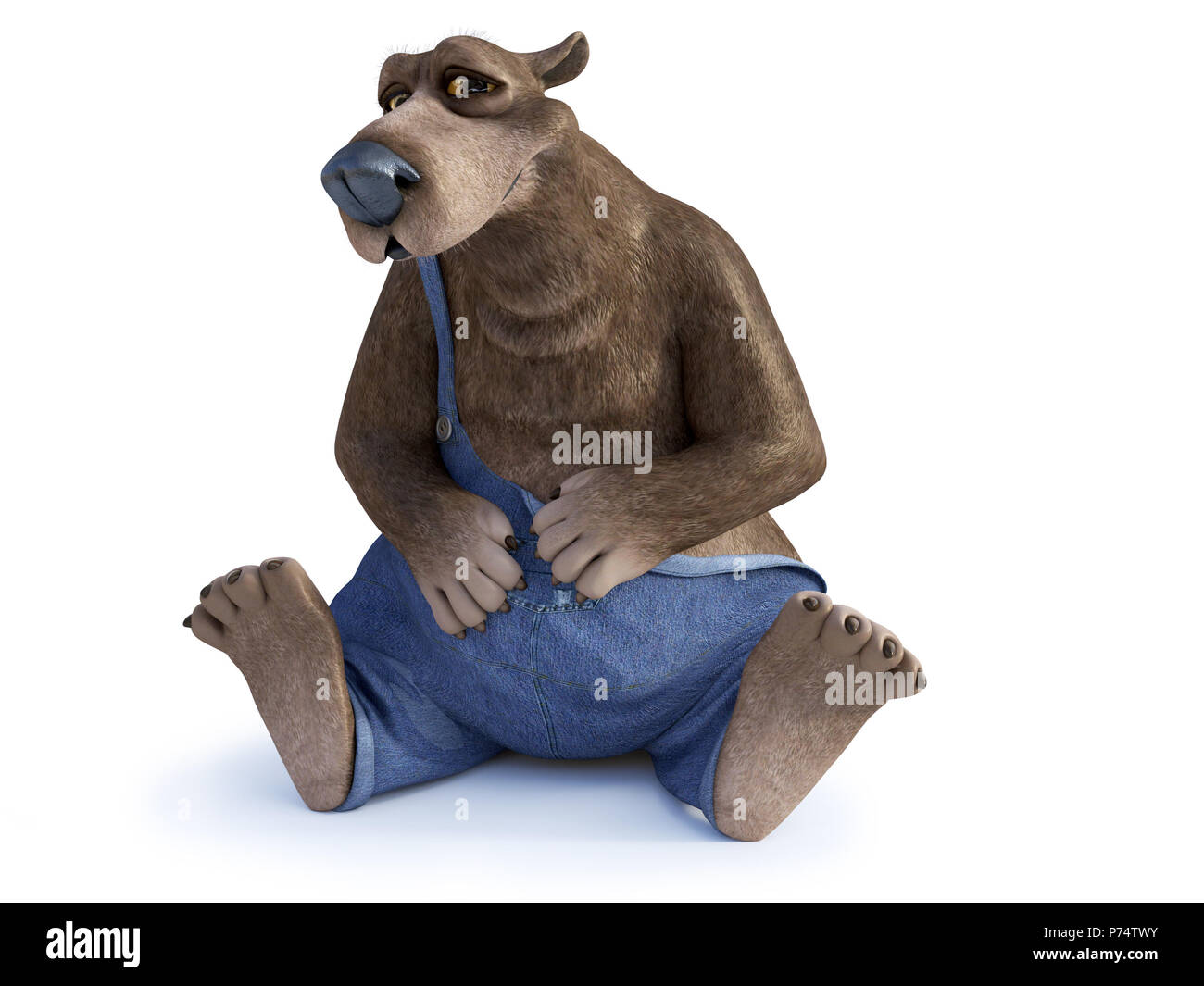 Le rendu 3D d'un charmant sourire cartoon bear assis sur le plancher et à la compagnie un peu. Arrière-plan blanc. Banque D'Images