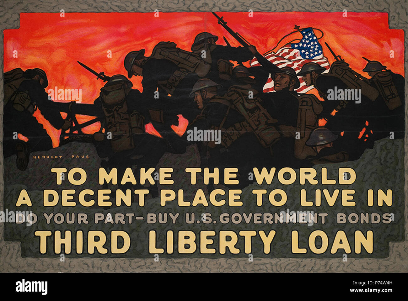 Anglais : Titre : Pour faire du monde un endroit décent pour vivre, faire votre part - acheter des obligations du gouvernement des États-Unis Résumé : Affiche montrant les hommes sur un champ de bataille avec un drapeau américain, contre un ciel rouge. Description physique : 1 print (affiche) : lithographie, couleur ; 91 x 142 cm. Notes : Herbert Paus. ; no 5A. 1917 38 pour faire du monde un endroit décent pour vivre, faire votre part - acheter obligations du gouvernement américain RCAC2002719413 Banque D'Images