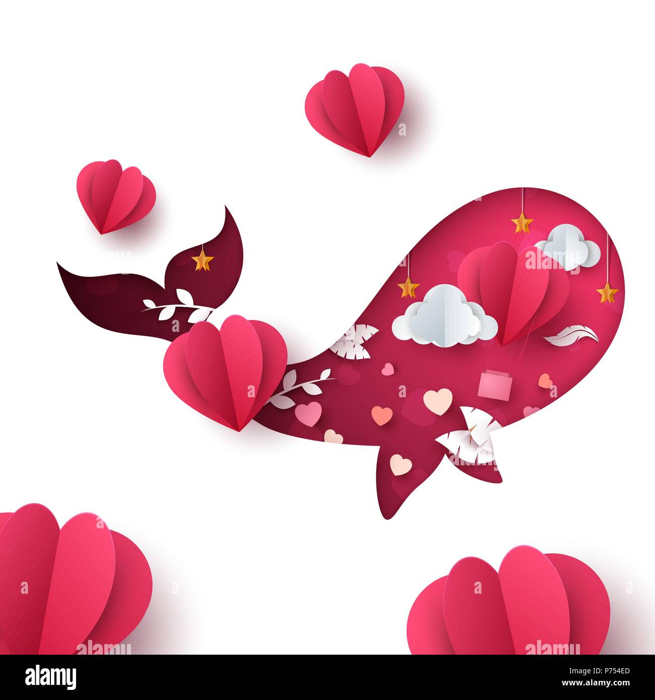 Valentines Day illustration. Papier de baleines de personnages de dessins animés. Illustration de Vecteur