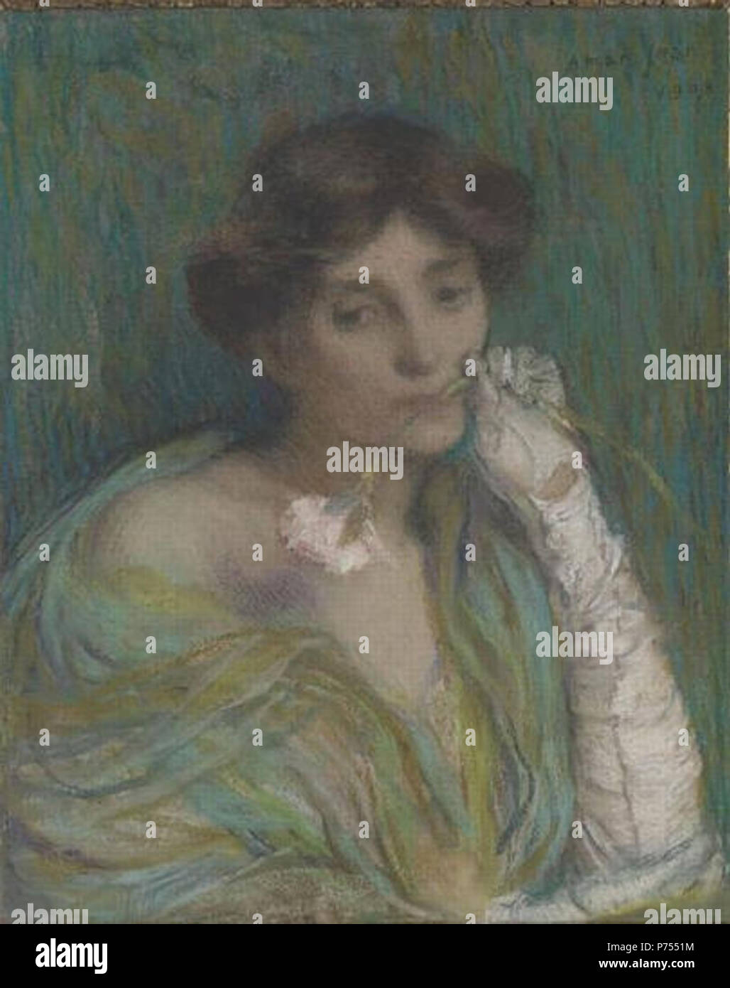. English : Portrait de femme, un locataire oeillet dans la bouche 19089 Aman-Jean Ritratto di donna 01 Banque D'Images