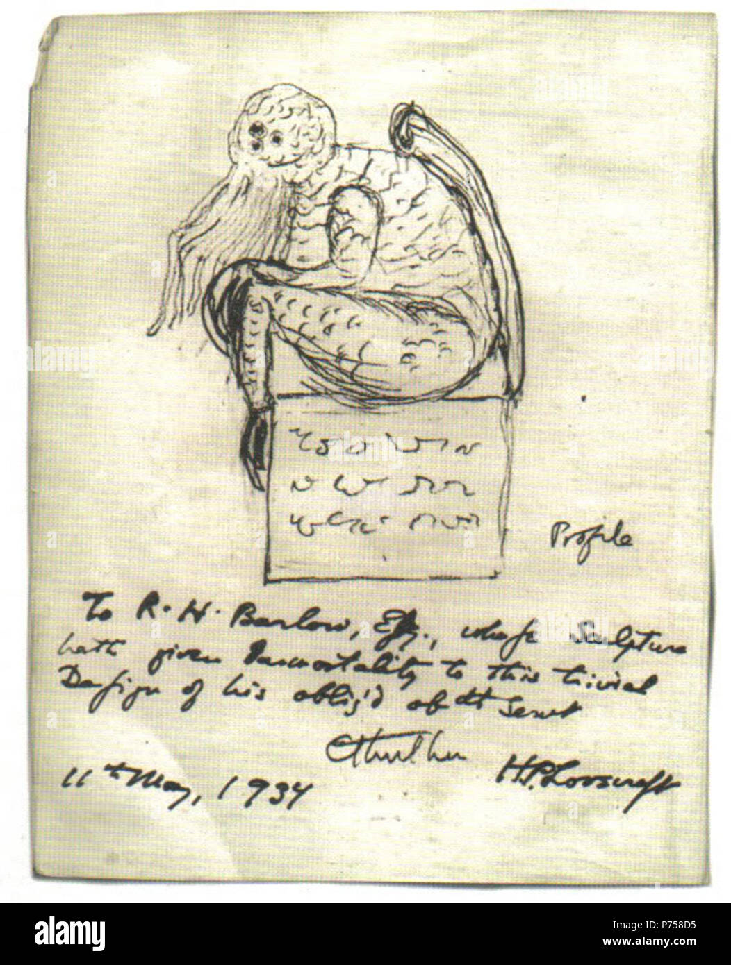 Anglais : un croquis d'une statuette représentant Cthulhu, dessiné par son créateur, H. P. Lovecraft. English : Soirées d'une statuette représentant Cthulhu, dessiné par fils créateur Howard Phillips Lovecraft. 11 mai 1934 30 croquis par Cthulhu Lovecraft Banque D'Images
