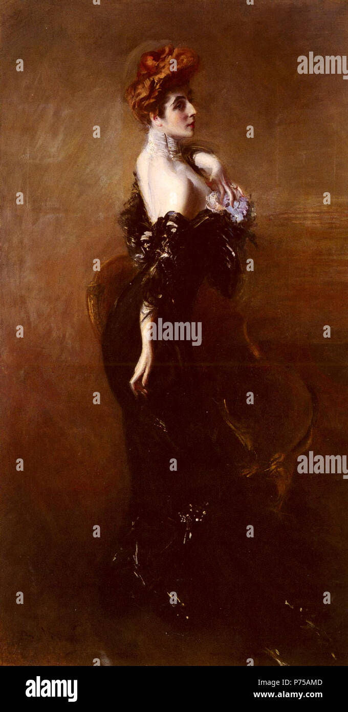 Anglais : Portrait de madame Pages en robe de soirée, huile sur toile, 86 1/2 x 47 1/8 pouces (220 x 120 cm) . 1912 18 Pages - Madame Boldini en tenue de soirée Banque D'Images