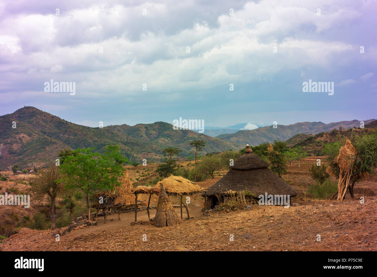 Scène rurale typique au sud-ouest de l'Éthiopie montrant foyer traditionnel. Banque D'Images