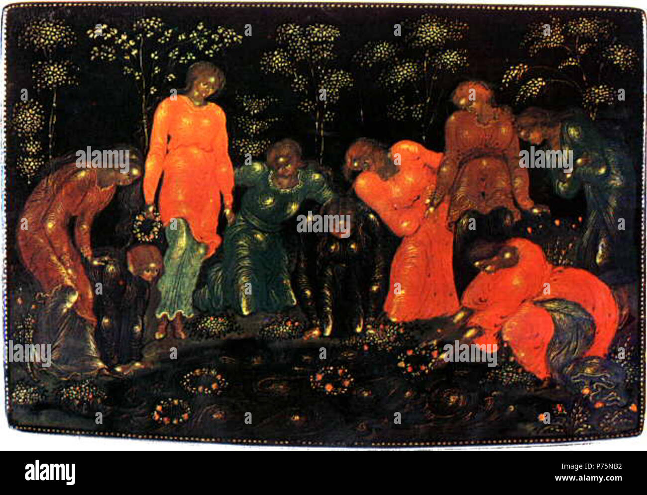 Anglais : Divination à l'aide de guirlandes. Miniature sur un cercueil.  : . " ". . Années 1920 PalekhGarlandDivination 175 Banque D'Images