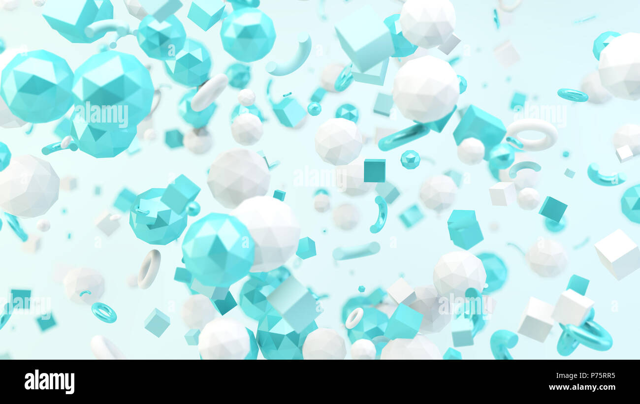 Primitives géométriques flottant sur fond bleu avec la profondeur de champ 3D Rendering Banque D'Images