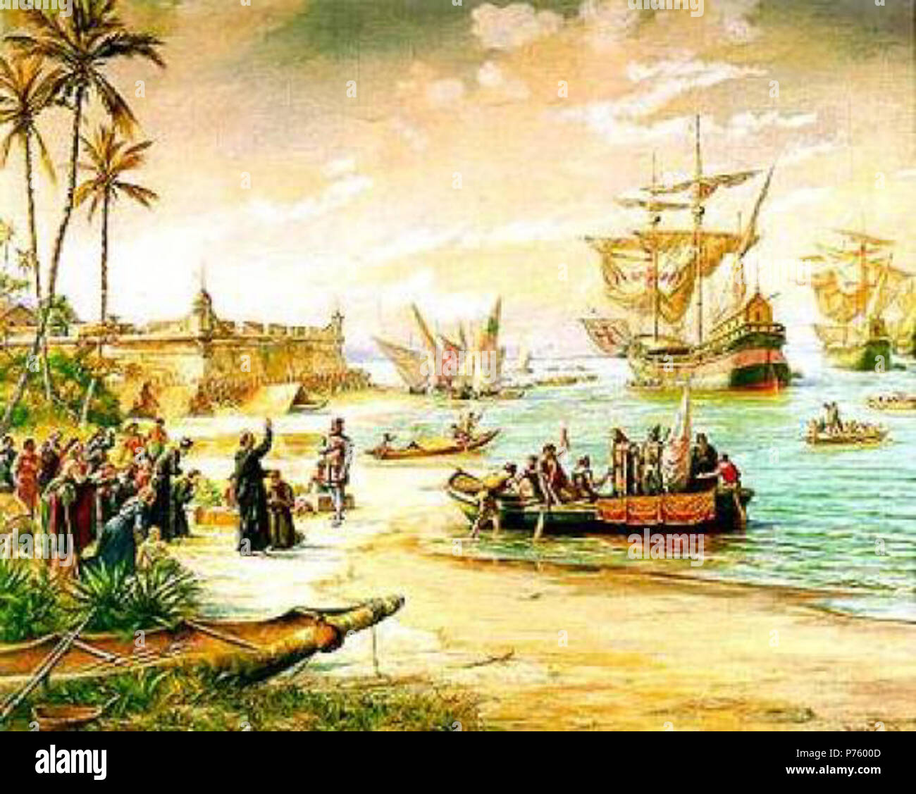 . Anglais : Estácio de Sá à São Vicente, 1565 (Départ de Estácio de Sá) Português : Estácio de Sá em São Vicente, 1565 (Partida de Estácio de Sá). Ao fundo o fortim de São Tiago da Bertioga. Date inconnue 170 Nobrega1 Banque D'Images