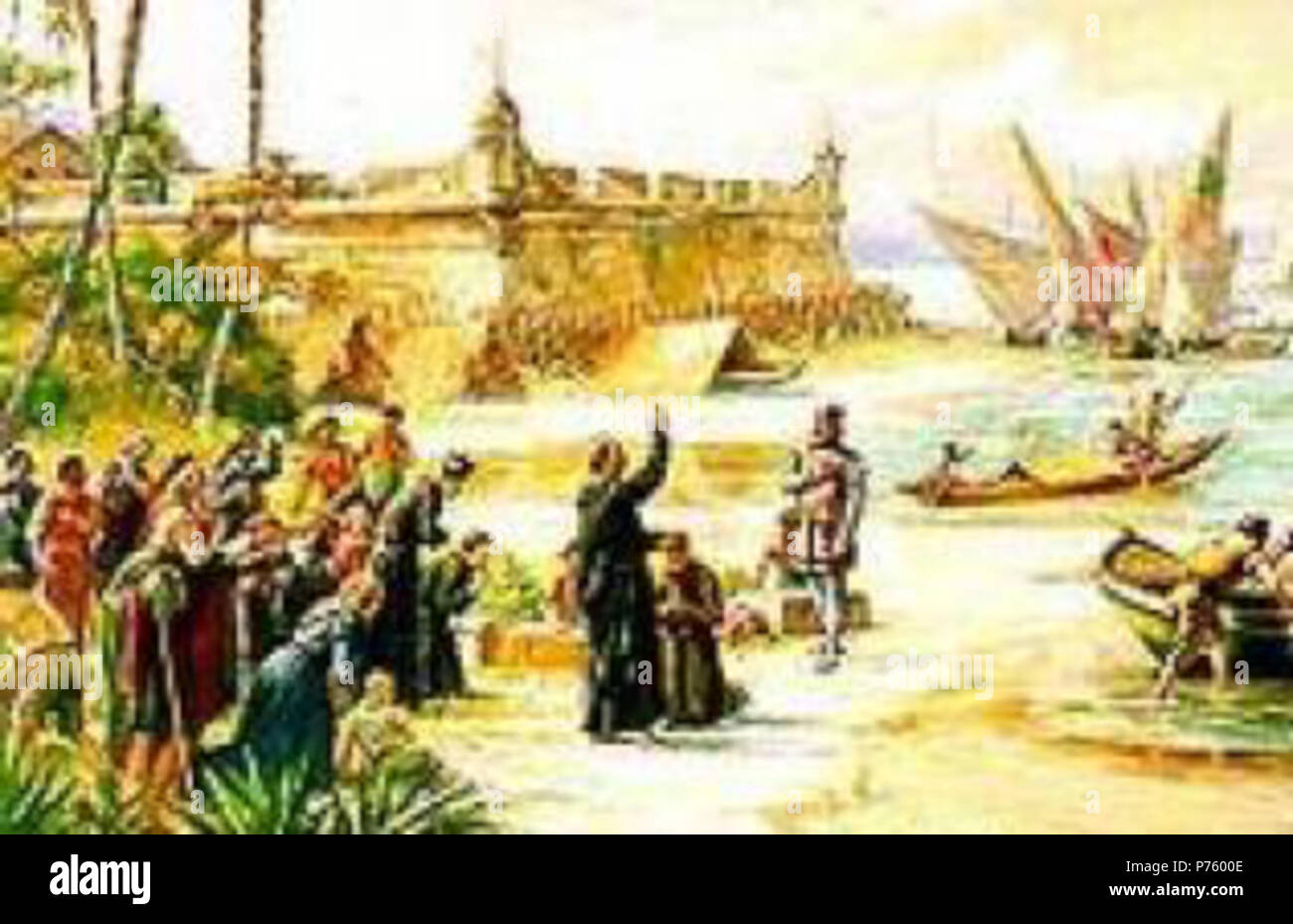 . Anglais : Estácio de Sá à São Vicente, 1565 (Départ de Estácio de Sá) Português : Estácio de Sá em São Vicente, 1565 (Partida de Estácio de Sá). Ao fundo o fortim de São Tiago da Bertioga. Date inconnue 170 Nobrega1 (superficie cultivée) Banque D'Images