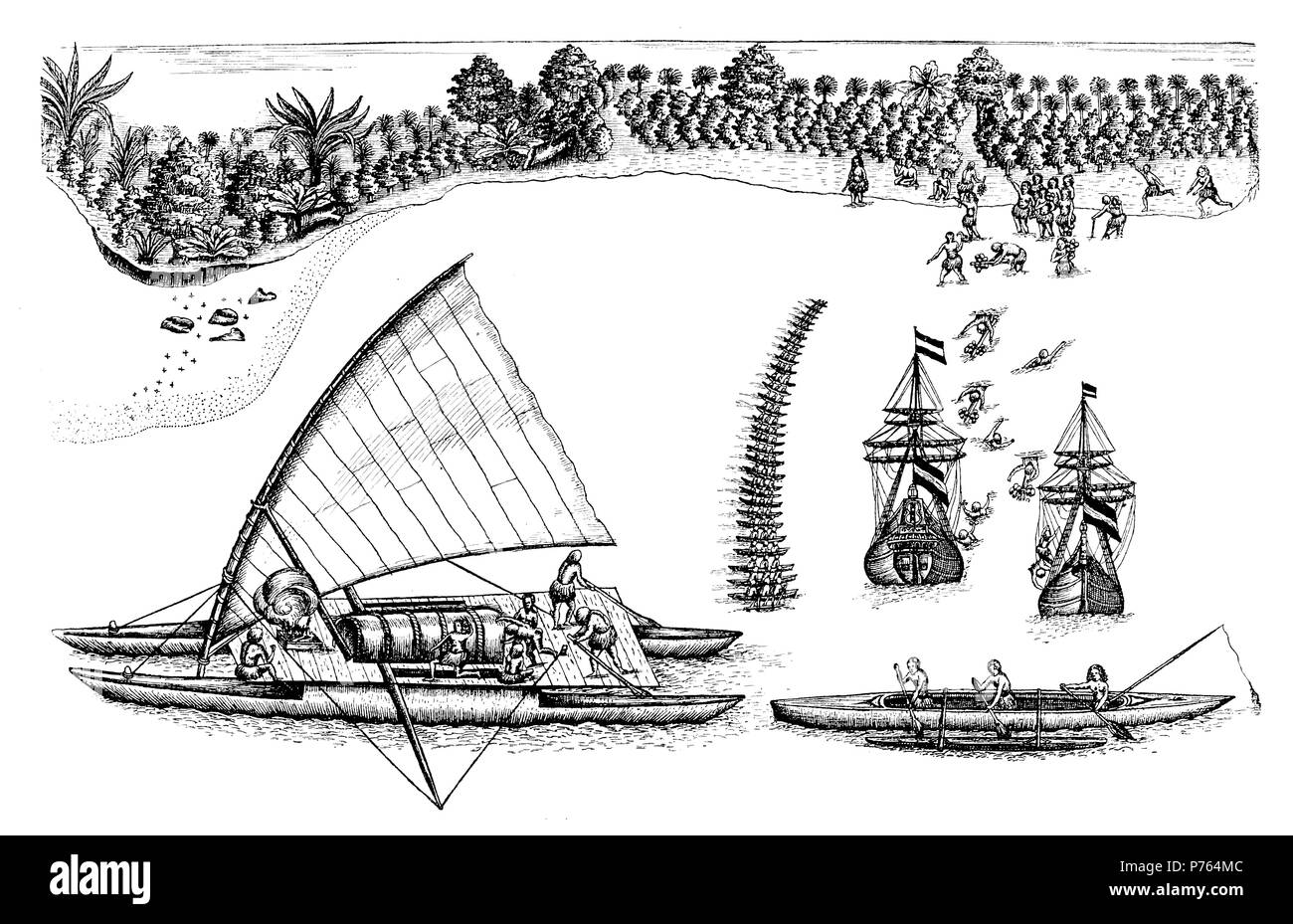 Fac-similé d'un dessin à la main par Abel Tasmans, représentant des navires néerlandais, les bateaux et les Îles Fidji l'île. Après l'armée, 1902 Abel Tasman Banque D'Images
