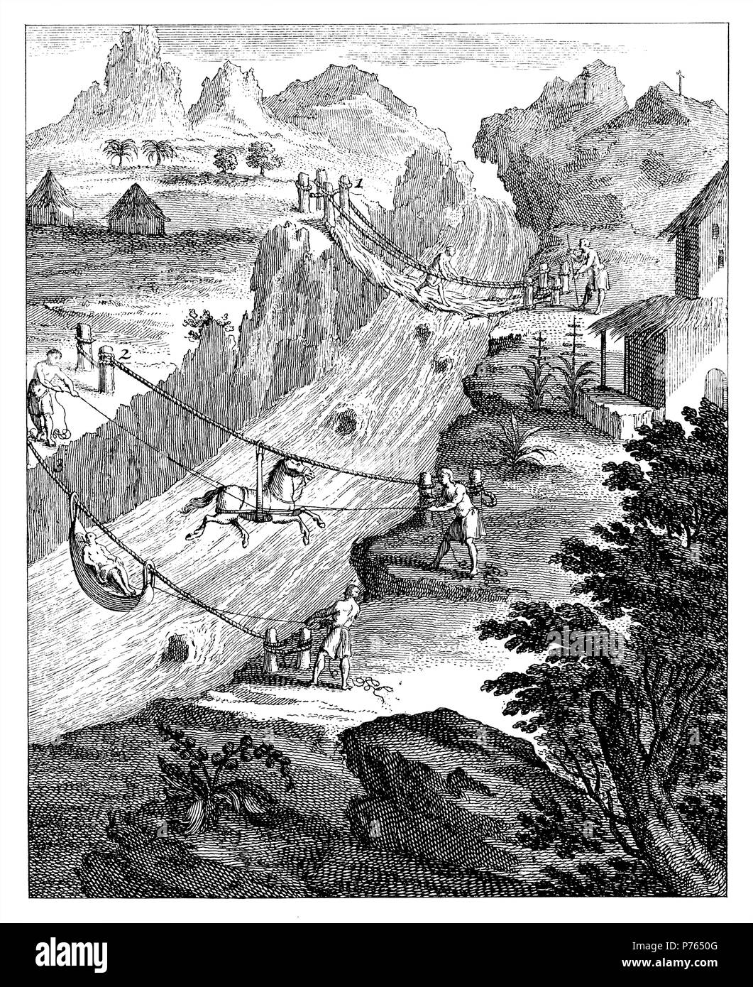 Transports - dans les Andes de l'Amérique du Sud équatoriale : 1. Pont de corde. 2ème passage à niveau. 3ème passage pour les gens. Après : 'Histoire générale de voyage", Leipzig 1751, 1902 Banque D'Images