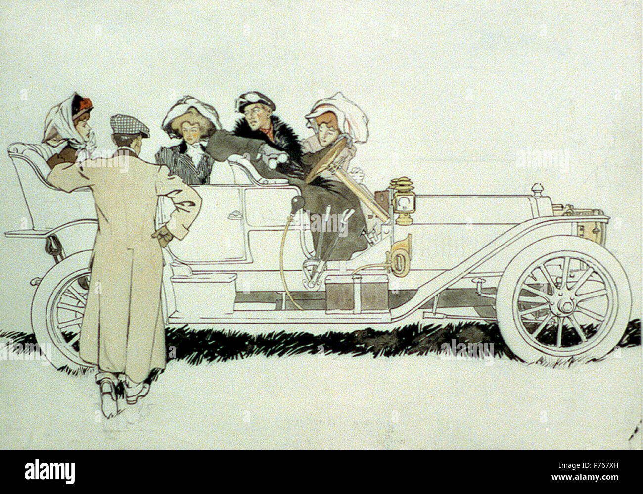 Publicité art par Edward Penfield pour Pierce Arrow automobiles montrant l'homme parle à trois femmes et un homme en voiture . Pas datée. Bibliothèque du Congrès dit 'c. 1915', probablement un peu plus tôt à la fois de la mode et le fait que les projecteurs s'Pierce-Arrow aux ailes avant pour 1913/1914. 185 PierceArrowAdArtPenfield Banque D'Images