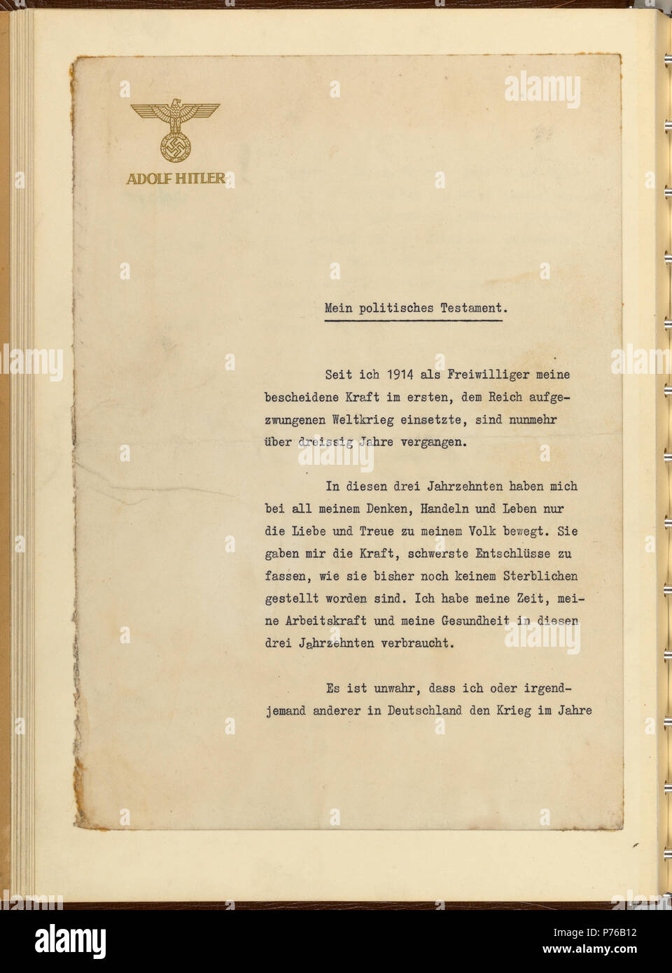 Anglais : Nom de fichier numérique : 003572009016 Numéro : 00357 redécouverte dernières volontés et testament politique d'Adolf Hitler, 1945 RG 242 éléments d'Hitler et d'une volonté politique personnelle d'Adolph Hitler Fort 2A . 29 avril 1945 40 testament politique d'Adolf Hitler 1945 page 1 Banque D'Images