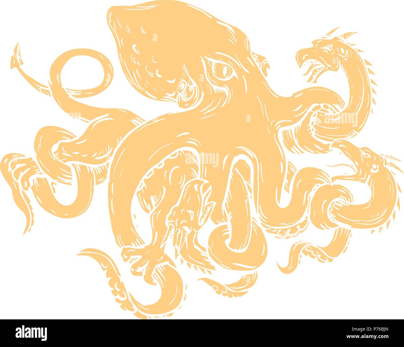 Croquis dessin illustration de style d'une pieuvre géante, mou, huit-mollusque armés , lutte ou aux prises avec une hydre de Lerne, un bon nombre de têtes se Illustration de Vecteur