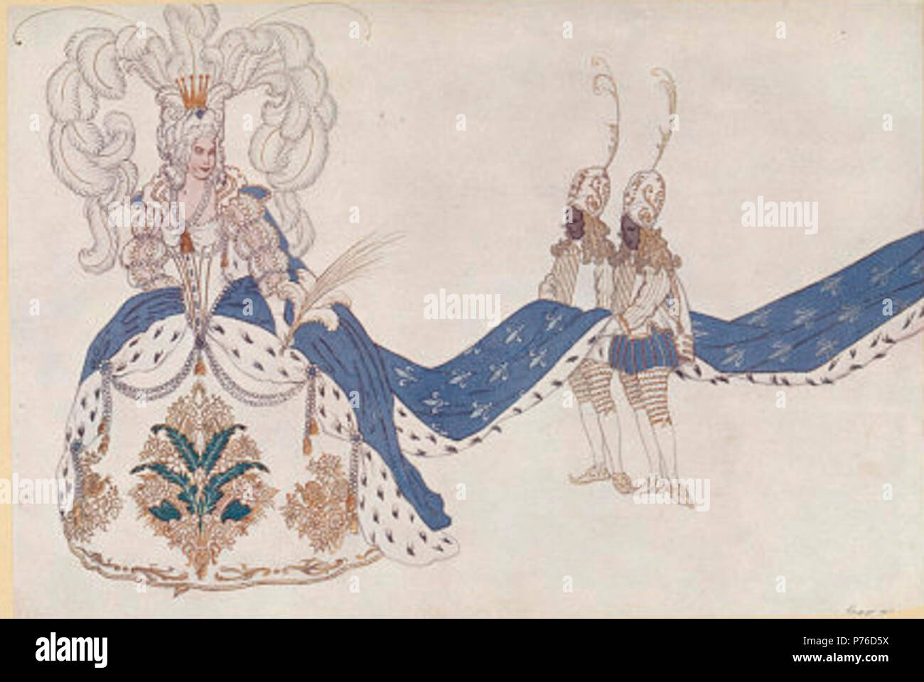 . Prises à partir d'un ensemble d'illustrations d'après les plans de Léon Bakst pour la princesse de couchage qui ont été initialement publié par Ben Brothers en 1923, cette illustration est étiqueté "Planche XXIII : 'La Reine et ses pages'. Il montre la Reine lors d'une robe avec une jupe plus bleu et long train, garni d'hermine qui est mené par deux pages vêtus de courtes culottes bleu, blanc et or des vestes. Ils sont également vêtus de blanc et d'or a fait des chaussons et leurs turbans blancs sont brodées en or et décoré avec un seul. L'imprimeur de la robe a un jupon blanc emb Banque D'Images