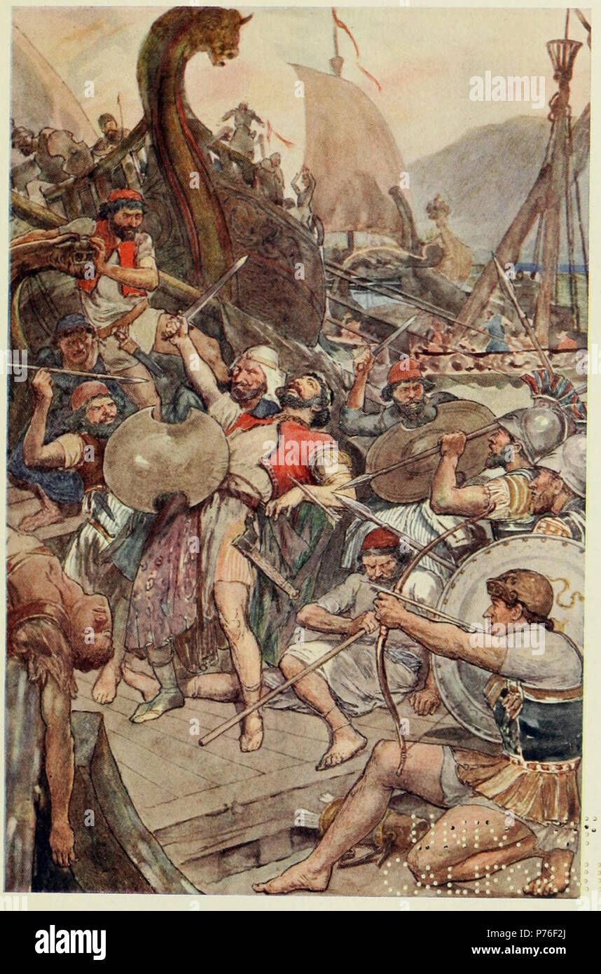 Anglais : Bataille de Salamine, opposant une alliance des cités grecques et l'Empire perse en septembre 480 av. J.-C. ; la mort de l'amiral Ariabignes Persan (un frère de Xerxès) au début de la bataille.  : . 17 novembre 2012, 01:17:17 230 William Rainey - Décès de l'amiral perse à Salamine Banque D'Images