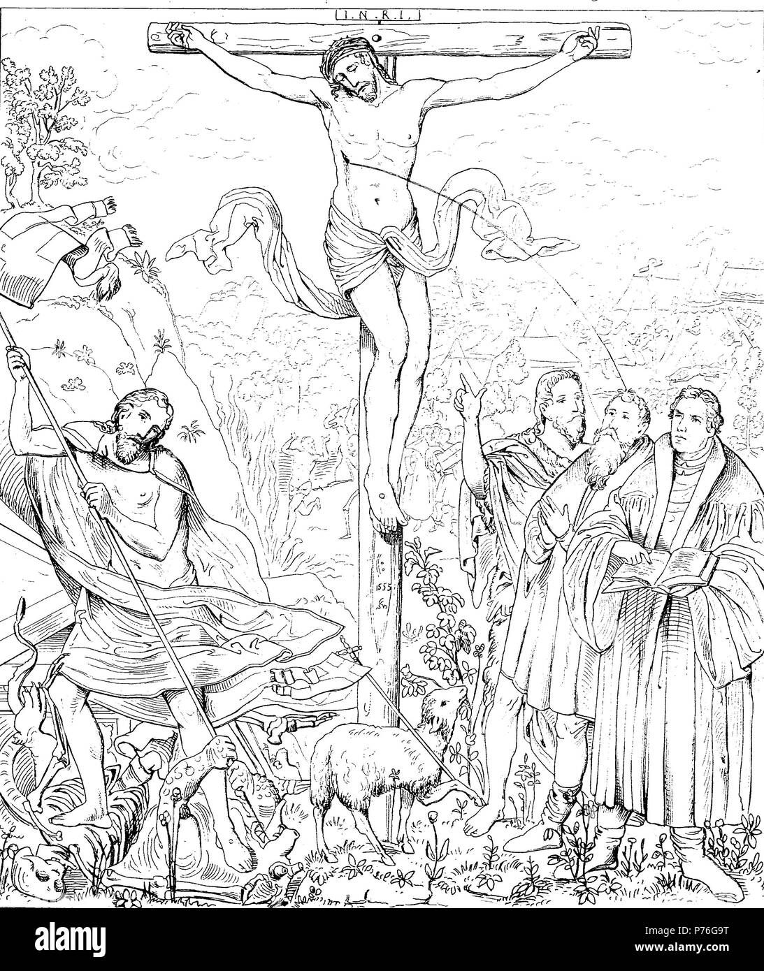 Jésus sur la croix, la Crucifixion, par Lucas Cranach, numérique l'amélioration de la reproduction de l'original d'imprimer à partir de l'année 1881 Banque D'Images
