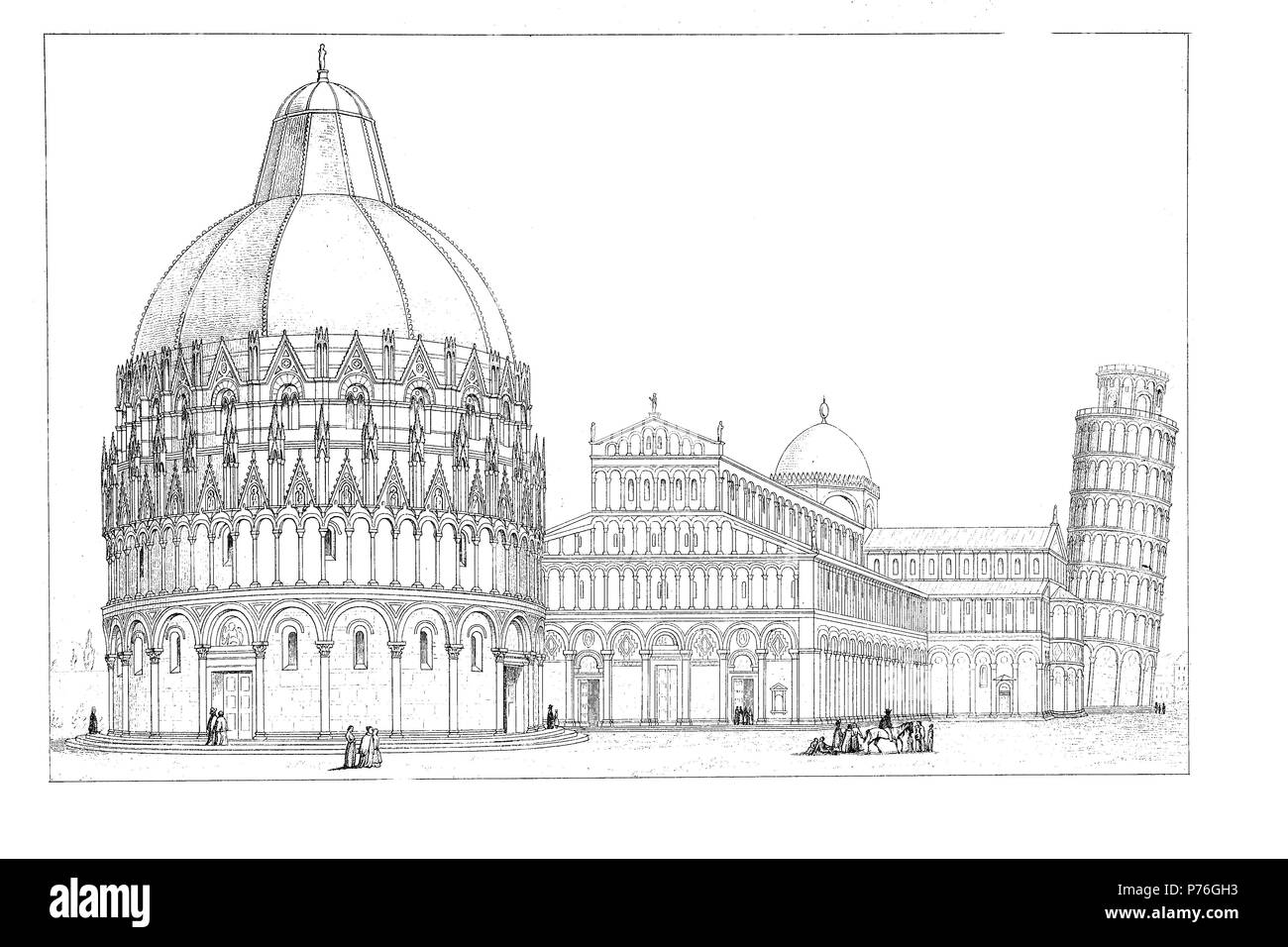 Le Baptistère en avant-plan, le Duomo, dans le centre, et la tour penchée en arrière-plan sur la droite, la Piazza dei Miracoli, Pisa, Italie, numérique l'amélioration de la reproduction de l'original d'imprimer à partir de l'année 1881 Banque D'Images