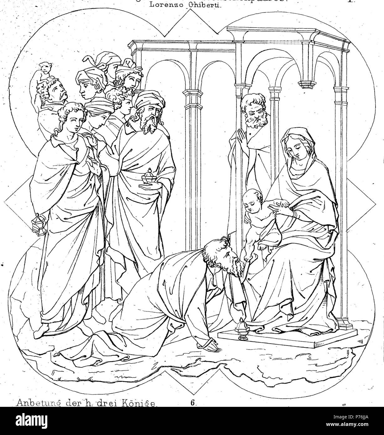 Jésus historique, culte par les Mages de la bible, Trois Sages ou Trois Rois, amélioration numérique reproduction d'une estampe originale de l'année 1881 Banque D'Images
