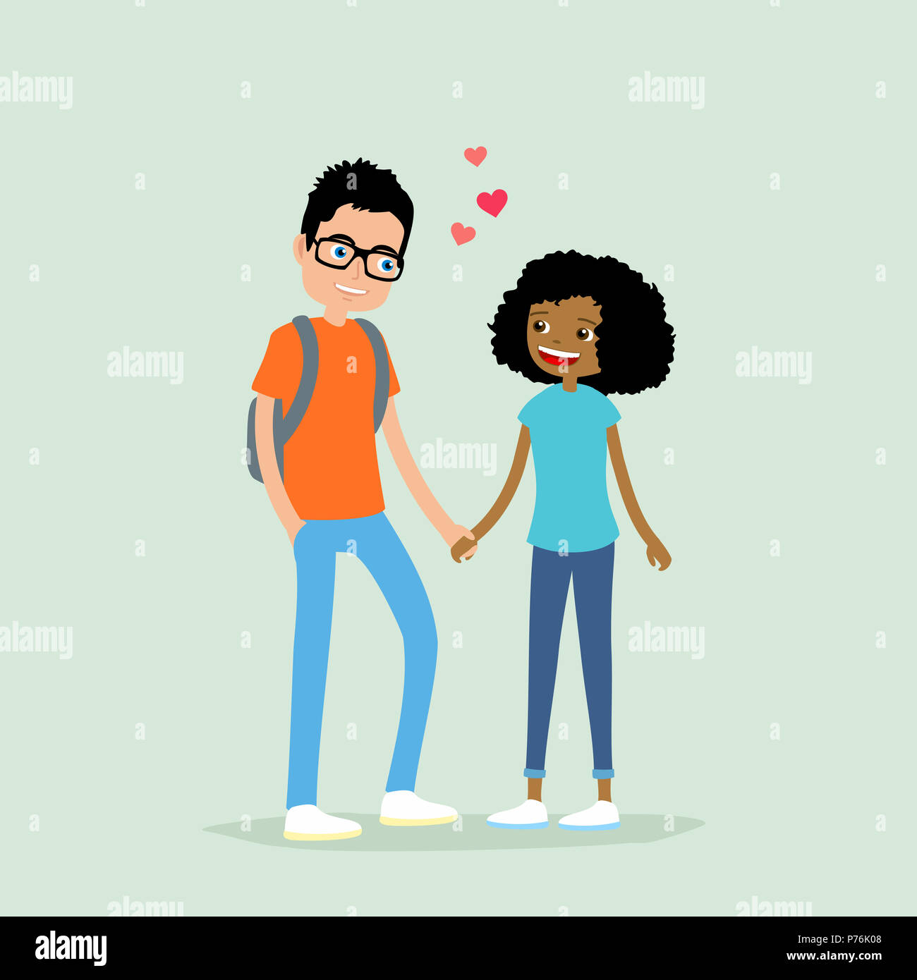 Couple : beau mec et belle fille se tenant la main. Cute cartoon illustration de caractères dans l'amour Banque D'Images