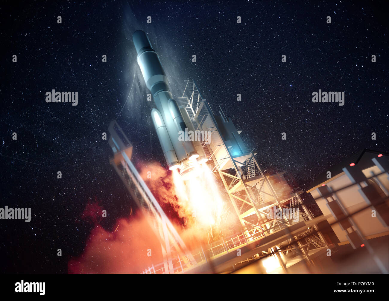 Une grande fusée commerciale d'être lancé dans l'espace la nuit. 3D illustration. Banque D'Images