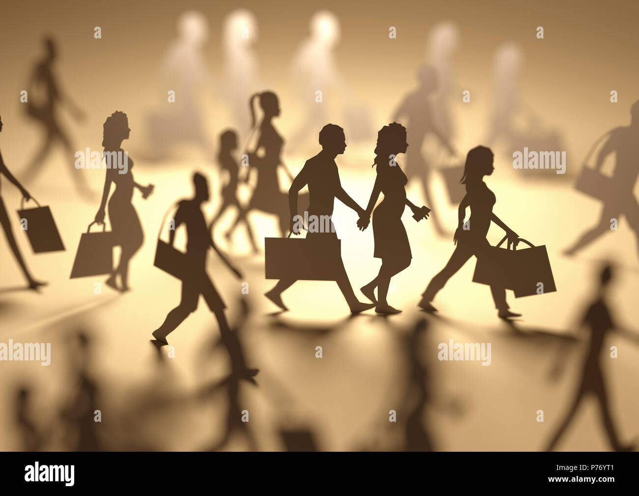 Un groupe de personnes transportant des sacs de magasinage et de vente au détail, les gens de papier de silhouettes. 3D illustration. Banque D'Images