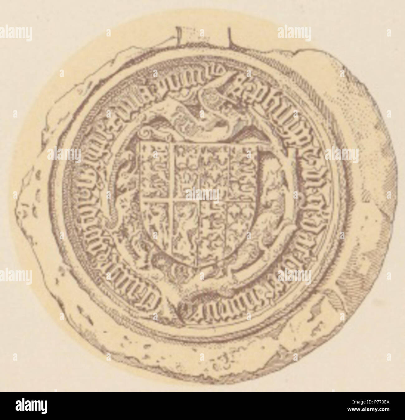 Anglais : Sceau de la Reine Philippa de l'Angleterre (au Danemark, Suède et Norvège), qui repose sur quatre documents, datée 1420-28. Doté d''(1er semestre) les armoiries du Danemark, de la Suède, de la Norvège et de Poméranie, et (2e semestre) Angleterre (Plantagenet), la France et l'Angleterre (trois lions). Texte : 'S' philippe dei gracia dacie svecie schlauorum gotorumque noruegie // regine et dua' pomeranie'. Taille : 45 mm. 4 Août 2012 1 Dronning Filippa PI XIX 5 Banque D'Images