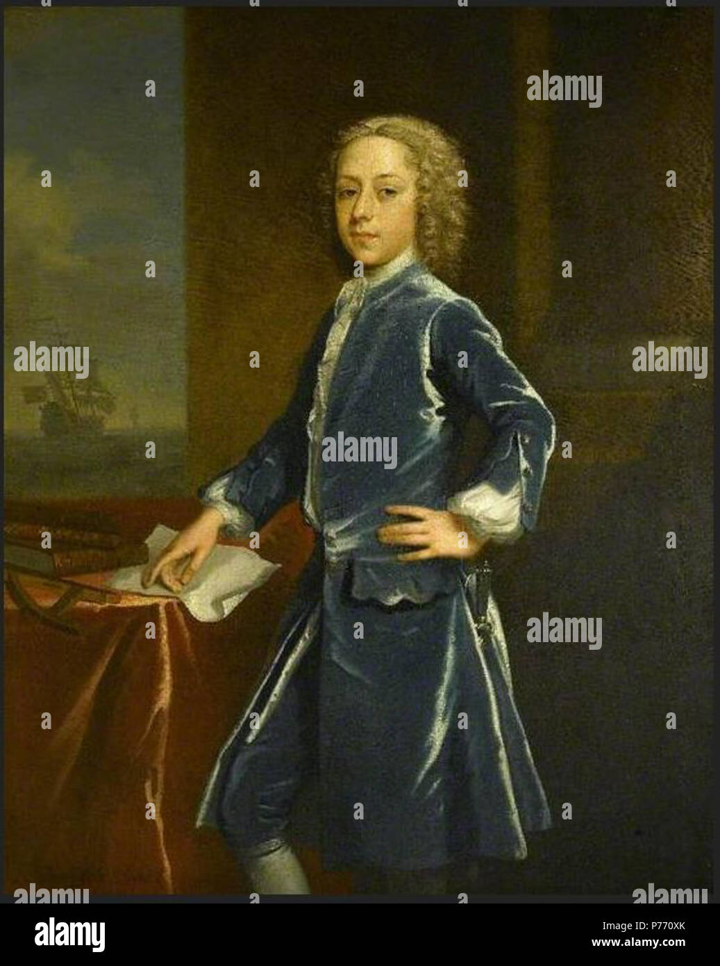 English : 'idshipman» 1731 Thomas Frankland, portrait peint par Jeremiah Davison (c.1695-1745) Huile sur toile 124,5 x 99,1 cm Taille cm Objet : 13-14 ans, Sir Thomas Frankland, comme un jeune cadet de la Marine royale. Frankland est devenue plus tard un marchand d'esclave et membre du parlement britannique. Il est entré dans la même année la peinture marine a été faite. Son plus haut rang était l'amiral du Livre blanc. 3 1731 L'Aspirant de Thomas Frankland Banque D'Images
