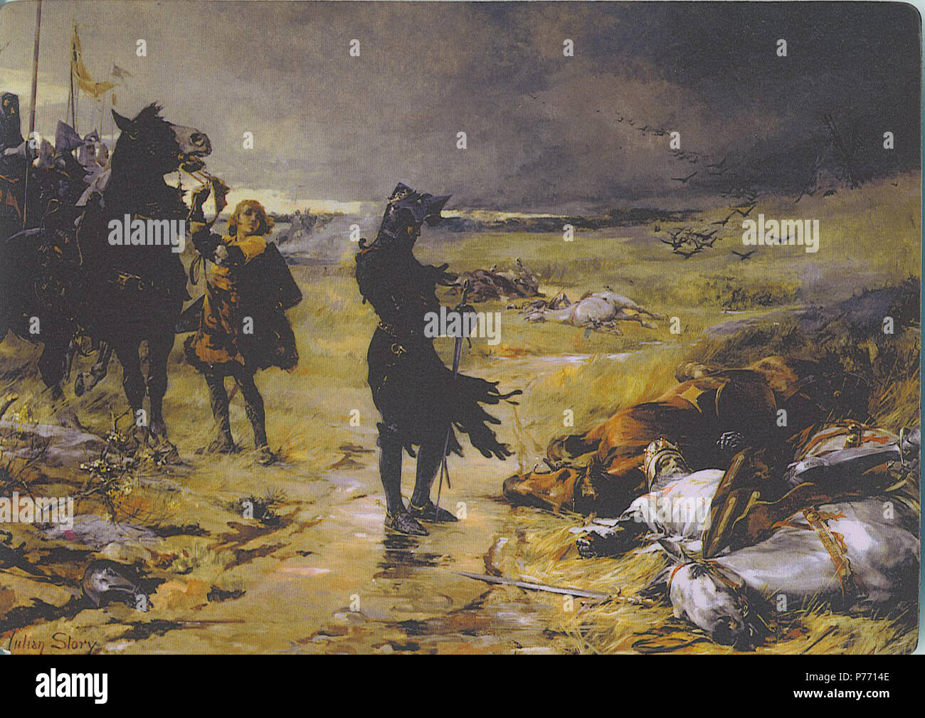 Anglais : Peinture par Julian Russel Histoire du Prince noir à la bataille de Crécy. À ses pieds se trouve le corps du Roi Jean de Bohême. Remarque : Il s'agit d'une numérisation d'un aimant et ne reflète pas les vraies couleurs de la peinture. . 1888 3 Le Prince Noir de Crécy Banque D'Images