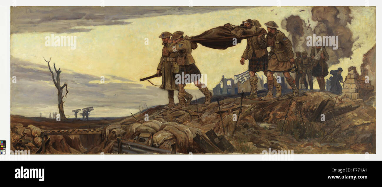 . Le brancardier partie . Anglais : Peint par Cyril Barraud autour de 1918. Dans ce tableau, des brancardiers de la 43e Bataillon transporter un homme blessé à l'écart de la bataille. Derrière eux, nous voyons les quelques blessés et un prisonnier allemand. Artiste Cyril Barraud s'enrôle avec le 43e bataillon en 1915. Pour lui, un stylo et un carnet de croquis ont été autant partie de son kit comme un fusil et des balles. Blessé au début de 1917, Barraud a ensuite été affecté au Fonds de souvenirs de guerre canadiens. L'épaule, un rectangle bleu clair et bleu foncé cercle, les identifier comme membres du 43e Bataillon. L'un Banque D'Images