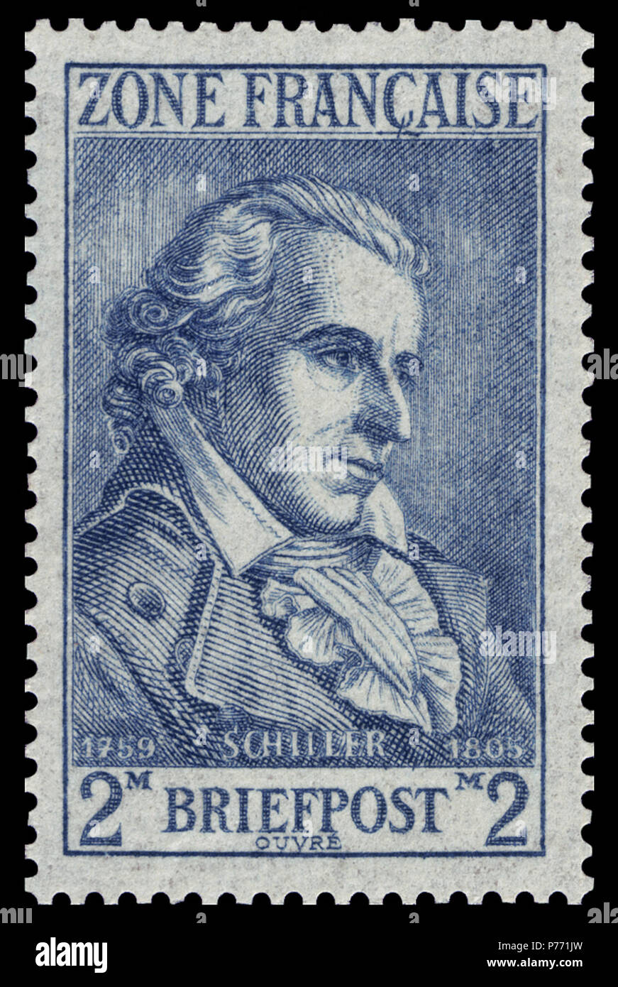 Stamp description / Briefmarkenbeschreibung Besetzungszone Deutsch : Französische, Wappen der Länder und deutsche Dichter English : Français zone occupée, les armoiries des stats et poètes allemands Ausgabepreis : 2 Mark Premier jour d'émission / Erstausgabetag : 1. Michel-Katalog Avril 1946-Nr : 12 (Besetzungszone Französische) . Novembre 2009 1 Fr. Friedrich Schiller 12 1945 Zone Banque D'Images