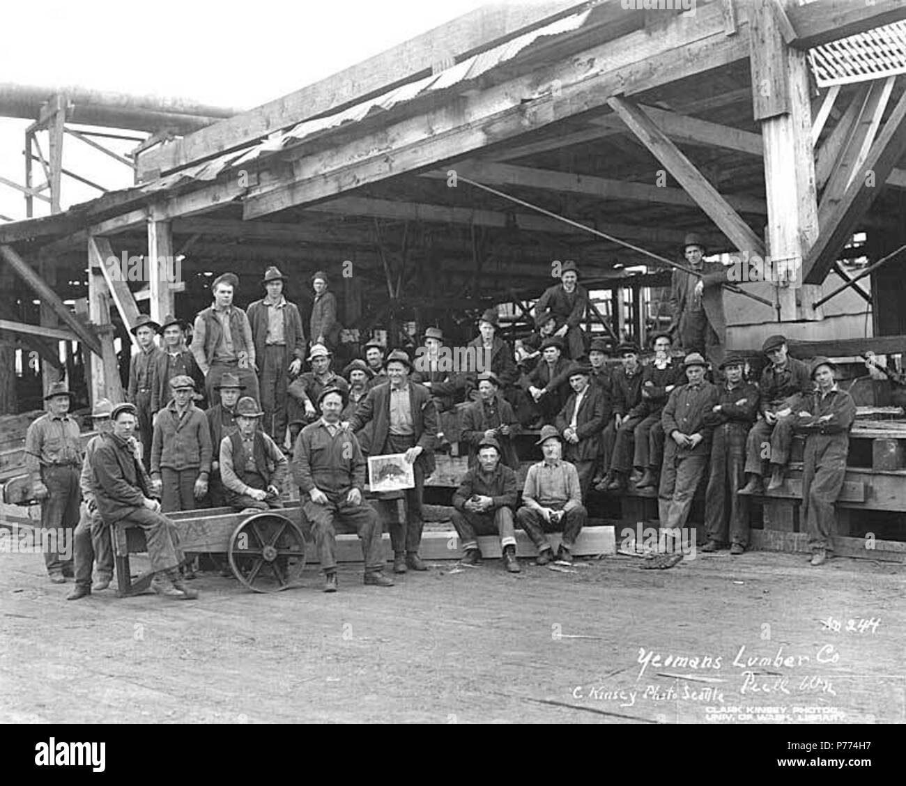 . Anglais : Mill crew, Yeoman Lumber Company, Pe Ell, ca. 1920 . Anglais : Légende sur l'image : Yeomans Lumber Co., Pe Ell, Wn. C. Kinsey Photo, Seattle. No 244 PH Coll 516,5265 l'antidatation railroad, Pe Ell a été réglée avant 1890 comme une petite communauté agricole, mais le calme de la vie agricole a été de courte durée. En 1892 vint la Northern Pacific Railroad line pour l'Afrique du lit, et avec elle, en 1894, la société Bois d'Yeoman moulin, le premier de la chaîne des grands moulins entre Olympia et South Bend. Situé dans une zone agricole et à mi-chemin sur la ligne de chemin de fer, Pe Ell a prospéré comme un centre commercial fo Banque D'Images