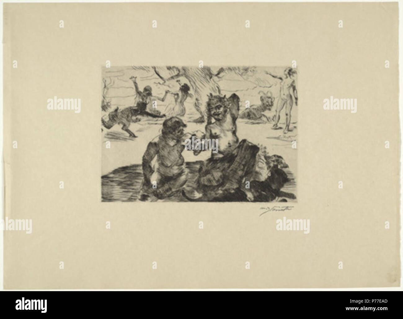 . Deutsch : English : Bacchus Bacchus . Partie de légendes classiques (Antike Legenden), un portefeuille de 12 pointes sèches, (variante de la planche 1), la plaque : 9 1/8 x 13 1/16" (23,2 x 33,2 cm) ; feuilles : 19 3/16 x 26 9/16" (48,8 x 67,5 cm). Papier : Beige, lisse, tissé au Japon. Editeur : Marées-Gesellschaft, R. Piper & Co., Munich. Imprimante : Alfred Ruckenbrod, Berlin. Edition : 150 (y compris l'édition deluxe de 50 sur papier japon avec plaque supplémentaire et une édition régulière de 100 sur papier fait main 'Bütten') . 191944 Lovis Corinth Bacchus 1919 Banque D'Images