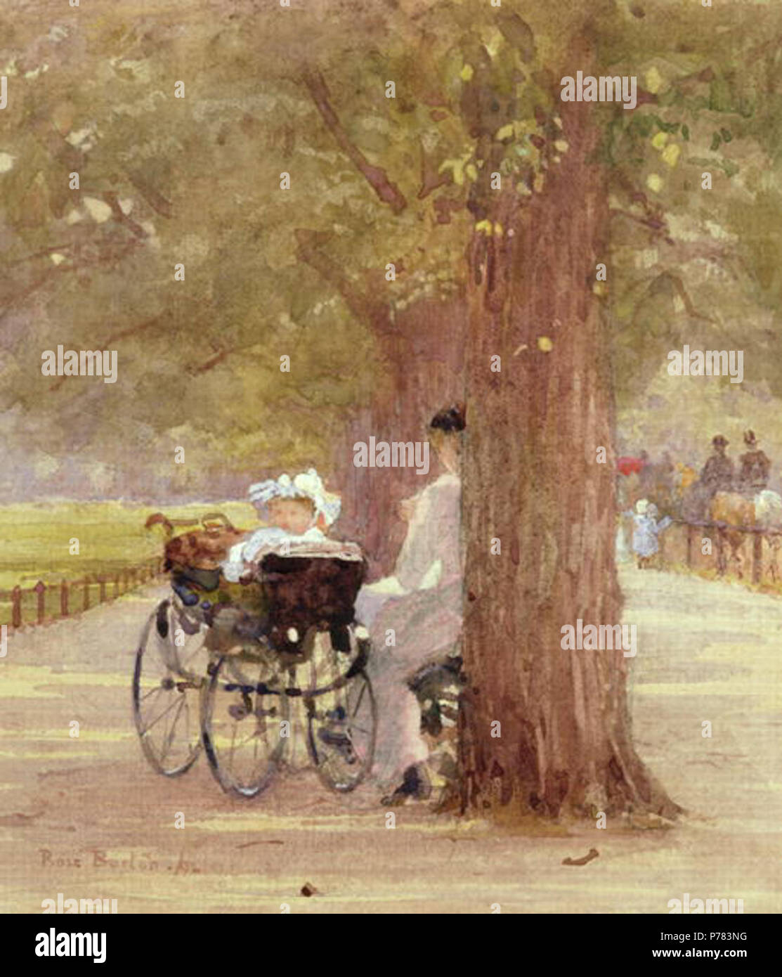 English : 'un reste en 1892 de Rotten Row' - Aquarelle de Rose Maynard Barton (1856 - 1929). La peinture montre une infirmière et de l'enfant reposant sur Rotten Row, Hyde Park, Londres. . 1892 4 Un reste de Rotten Row dans Banque D'Images
