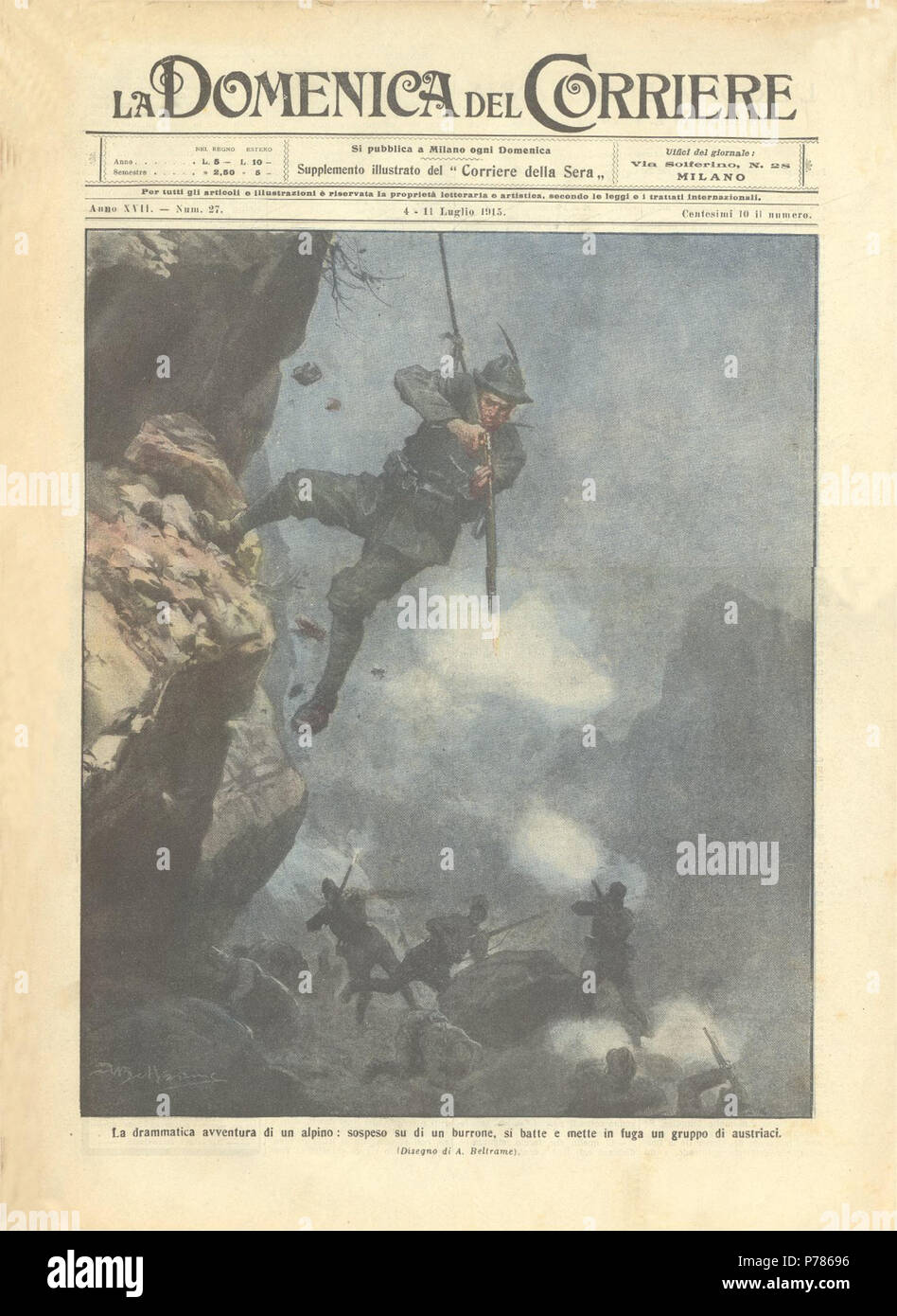 Italiano : La drammatica avventura di un alpino : sospeso su di un burrone, si batte e mette dans fuga un gruppo di austriaci. 11 Juillet 1915 20 DC-1915-27-d Banque D'Images