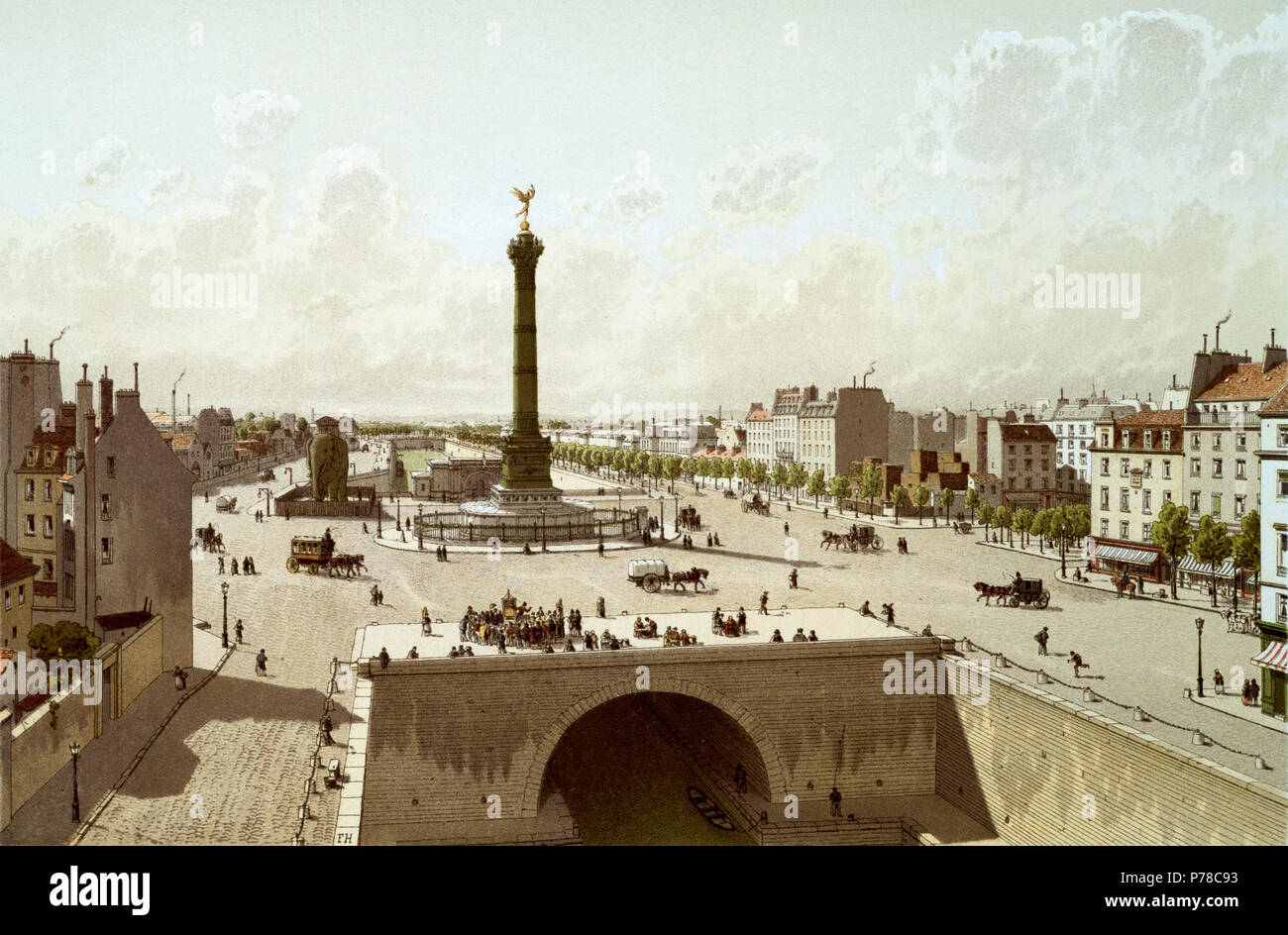 . La place de la Bastille, 1841 . La Place de la Bastille a été créé en 1792 à l'endroit où était située la prison de la Bastille. La Bastille a été construit en 1370 comme une forteresse, et est devenu une prison sous le règne de Louis XIII. En 1789, la Bastille était pris d'assaut par une foule et démonté, un événement souvent cité comme le début de la Révolution française. Aujourd'hui, seulement quelques pierres de la prison restent dans la place de la Bastille. La Colonne de Juillet, qu'on retrouve aussi au niveau de la Place de la Bastille, a été érigé en l'honneur et à la mémoire de 500 hommes qui sont tombés dans la révolution de 1830. Leurs noms sont inscrits sur Banque D'Images