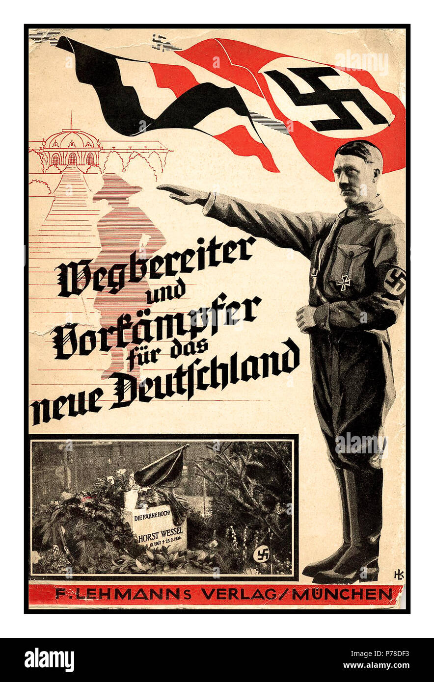 La propagande Vintage Postcard Nazi avec Adolf Hitler en uniforme avec un Drapeau à croix gammée et grave de l'image incrustée Horst Wessel Horst Ludwig Georg Erich Wessel (9 octobre 1907 -