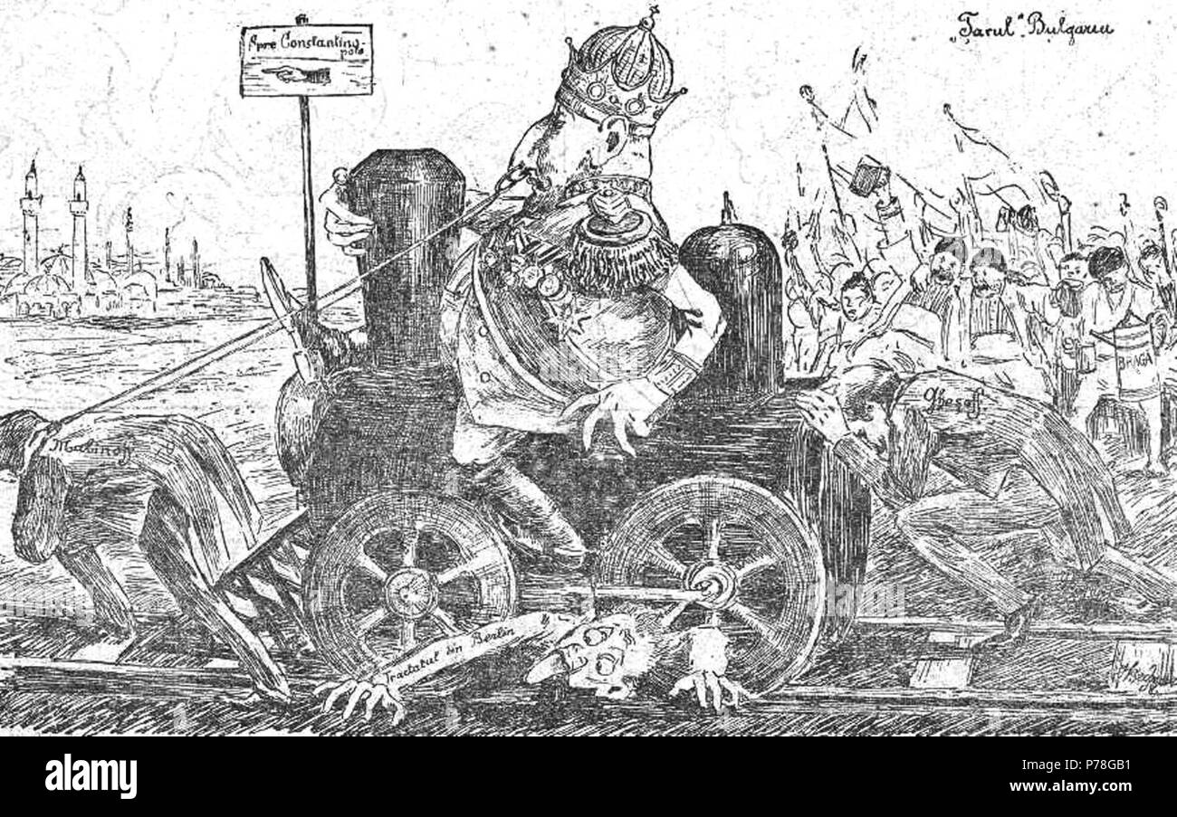 Anglais : Evenimentele din Balcani ('événements dans les Balkans"), Cartoon en vedette dans la Roumanie, Furnica, revue satirique. Vous y êtes invité par la Déclaration de l'indépendance bulgare, selon laquelle la Roumanie est voisin du sud a rompu ses liens avec l'Empire Ottoman, et des taux élevés d'elle-même au rang de royaume. À cette occasion, la Bulgarie a également repris le contrôle complet sur les chemins de la Roumélie orientale, déclenchant des spéculations qu'il s'est préparé à la guerre avec les Turcs. Un gigantesque Ferdinand I de Bulgarie se trouve au sommet d'une locomotive ; il est identifié par le sceptique remarque sur la droite de l'image : 'aru Banque D'Images