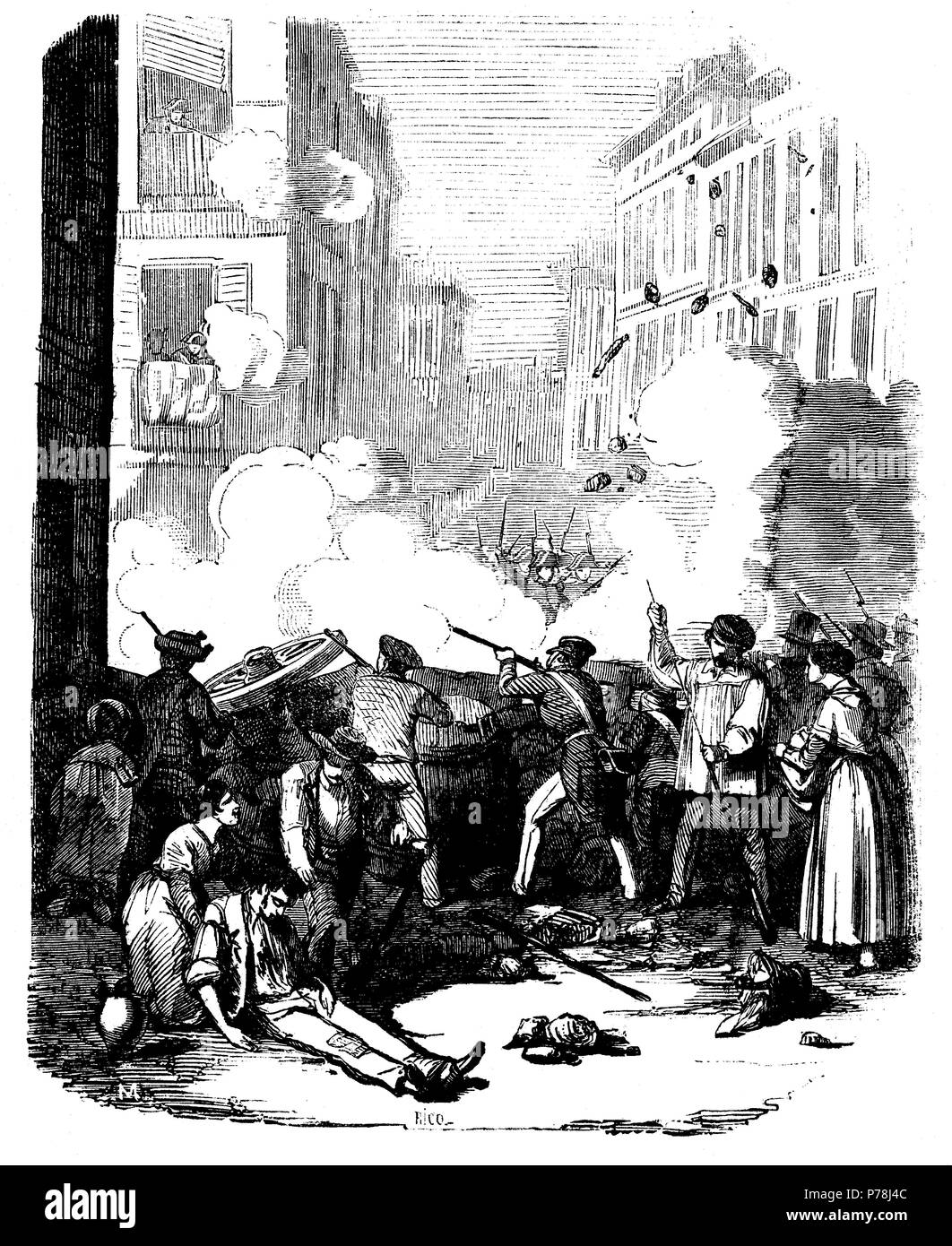 Madrid. Revolución de julio de 1854. Defensa de una barricada en la calle Mayor. La gravure de 1854. Banque D'Images