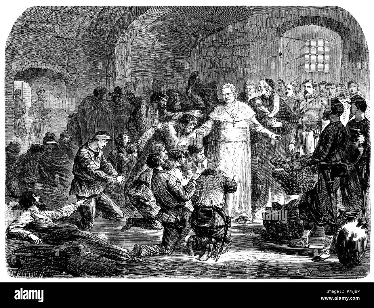 Italia. El Papa Pio IX (1792 à 1878) los prisioneros en garibaldinos visitando el Castillo de Sant Angelo tras la batalla de Meldana. La gravure de 1867. Banque D'Images