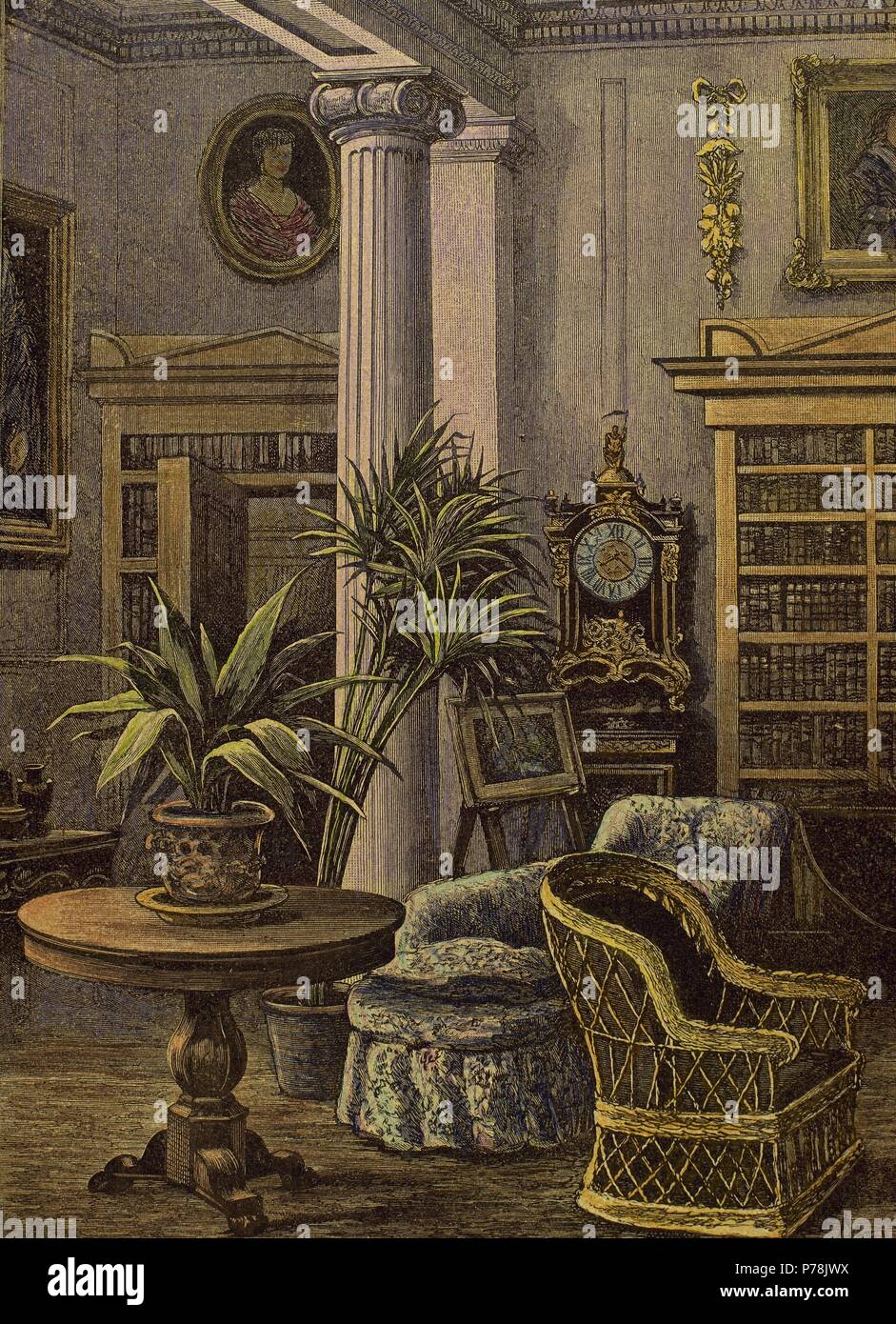 Maison bourgeoise. La salle de séjour. 19e siècle. Gravure de Gascoine, 1885. De couleur. Banque D'Images