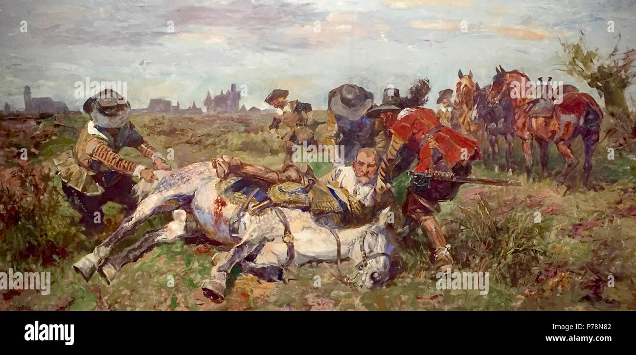 . Titel nicht bekannt : Gustave II. Adolf und der sog. Schwedenschimmel . Deutsch : Drei Begleiter bergen nur leicht verletzten dem König Gustave II. Adolf von Schweden, der während der Belagerung Ingolstadts am 30 avril 1632 angeschossenen Schachtross von seinem begraben wurde. Am Horizont ist die Stadt der Silhouette belagerten Ingolstadt sichtbar. Anglais : Le roi Gustave Adolphe de Suède d'être secouru après son cheval ont été gravement blessés par un tir de canon pendant le siège de la ville d'Ingolstadt, le 30 avril 1632 pendant la Guerre de Trente Ans. Sur l'horizon, la silhouette de l'assiégé C Banque D'Images