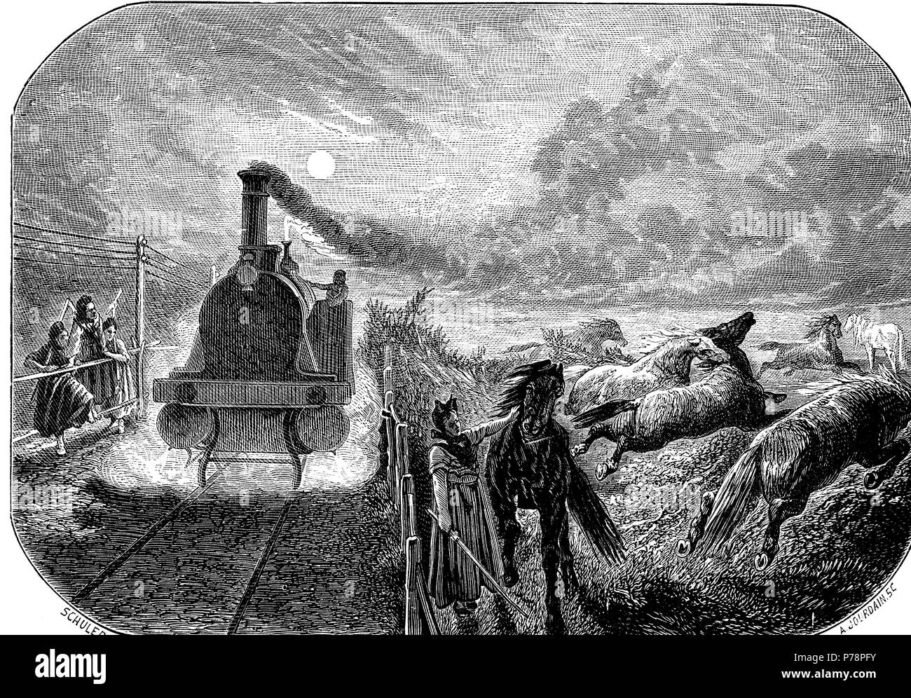 Estampida de caballos al paso de tren de l'ONU en la región de vapeurs d'Alsacia. La gravure de 1859. Banque D'Images
