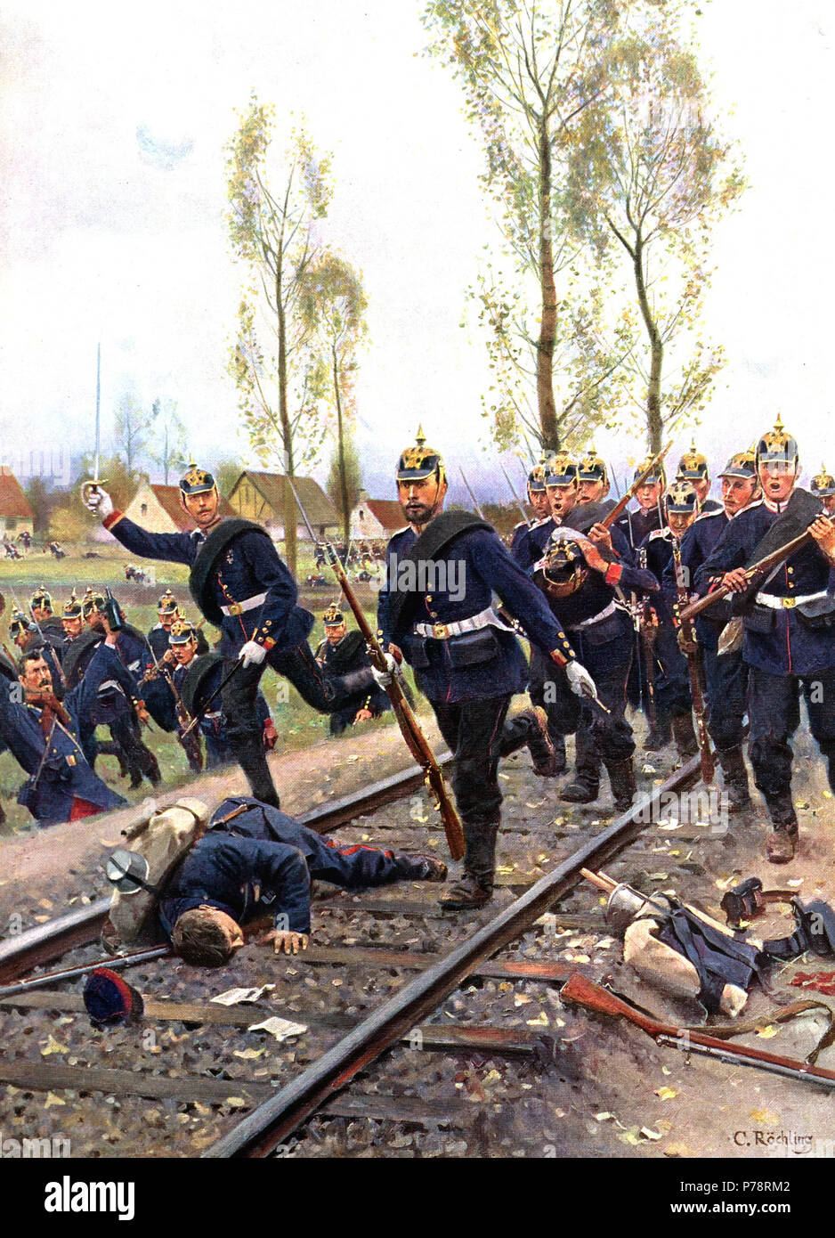 Deutsch : Die 7. Kompagnie des Kaiser-Alexander-Garde-Grenadier-n° 1 régiments am 30. Oktober 1870 in Le Bourget, Gemälde von Carl Röchling. Français : La compagnie no7 du premier régiment de grenadiers de la garde de l'empereur Alexandre lors de la première bataille du Bourget, le 30 octobre 1870 ; peinture de Carl Röchling. (Le régiment prend son nom d'Alexandre Ier de Russie.) . par 190811870 bei Le Bourget Banque D'Images