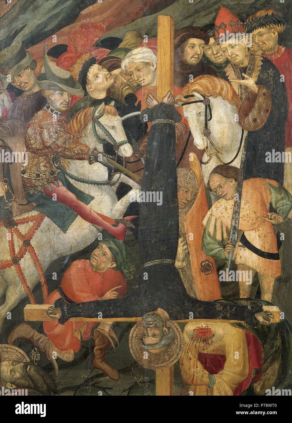 ARTE GOTICO. ESPAÑA. BORRASSA, Lluís (Gérone, h.1360-Barcelone, 1426). Detalle del retablo del autel maire de Sant Pere, realizado en 1411. Représentation de LA CRUCIFIXION DE SAN PEDRO BOCA ABAJO. Eglise DE SANTA MARIA. TERRASSA. Provincia de Barcelone. Cataluña. Banque D'Images