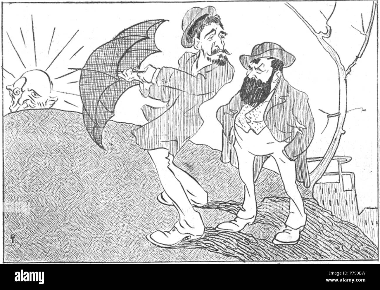 Anglais : Apus de soare (Sunset'), caricature politique en revue Furnica. Les factions dans le Parti National Libéral dominant : Dimitrie Sturdza, les personnes âgées et les mauvais leader, est un coucher de soleil sur l'horizon. Les successeur Ion I. C. 'Ionel' Brtianu et son backer Vasile Morun vous attendent Sturdza de démissionner à tout moment. Furnica, dans, le cartoon est publié avec une citation d'autres journaux, citant les médecins français pour dire que Sturdza est beaucoup mieux. Ionel, tenant le parapluie, se plaint que j'apune Sturdza tot nu mai ('isprvete continue à poser mais n'est jamais tout à fait fi Banque D'Images