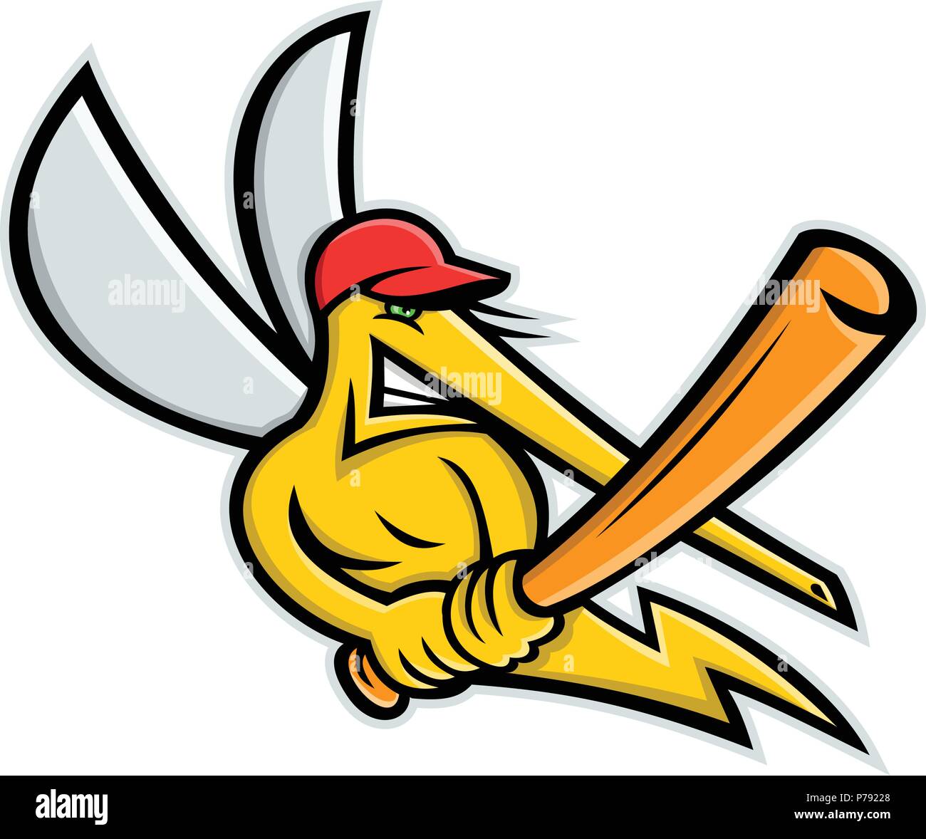 L'icône illustration mascotte d'un moustique, un petit, midge-comme fly, comme baseball player batting avec batte de base vue de l'avant sur fond isolé Illustration de Vecteur