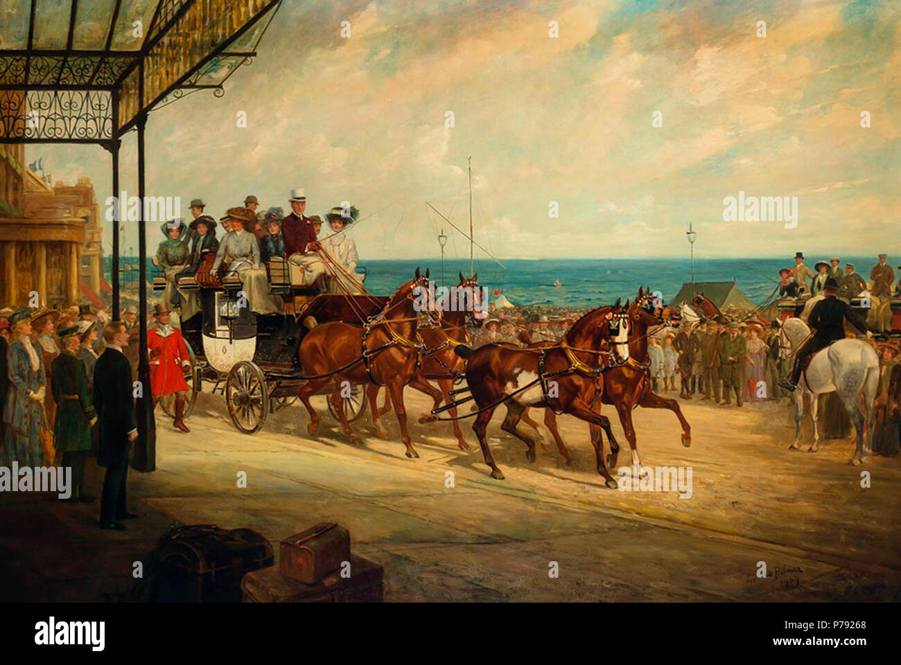 Anglais : Alfred Gwynne Vanderbilt arrivant à Brighton, au volant de son coach 'Venture' par James Lynwood Palmer, 1909 . 1909 46 Alfred Gwynne Vanderbilt arrivant à Brighton par James Lynwood Palmer Banque D'Images