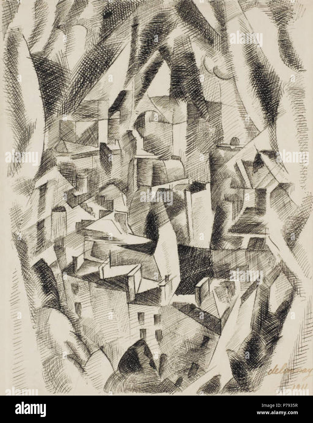 Anglais : La ville de Paris (étude pour La Tour Eiffel). Signé et daté 1911, 'Delaunay' plume et encre de chine sur papier, 41,6 x 31,6 cm . 1911 49 Robert Delaunay La ville de Paris (étude pour La Tour Eiffel), 1911 Banque D'Images