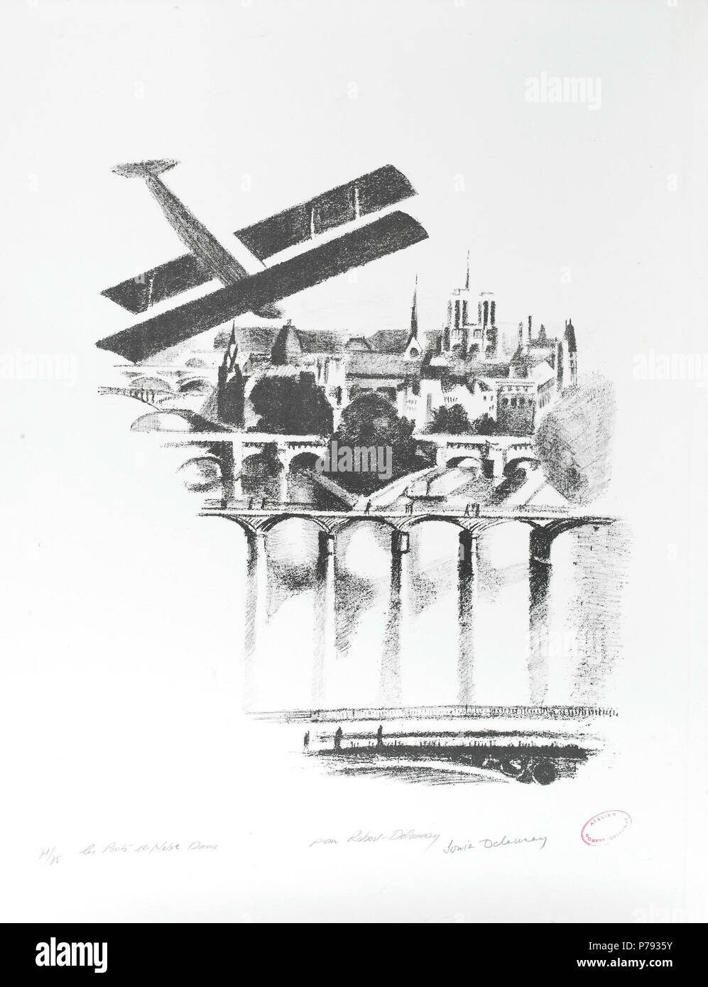 Anglais : Les ponts d'un Loyer-Perussaux Notre Dame (13), 1920, lithographie, impression posthume, intitulé, numérotée 71/75, inscrit 'pour Robert Delaunay' et signé par Sonia Delaunay au crayon et le timbre "Atelier Robert Delaunay' ; 45,0 x 37,0 cm . 1920 49 Robert Delaunay Les Ponts un Notre Dame 1920 Banque D'Images